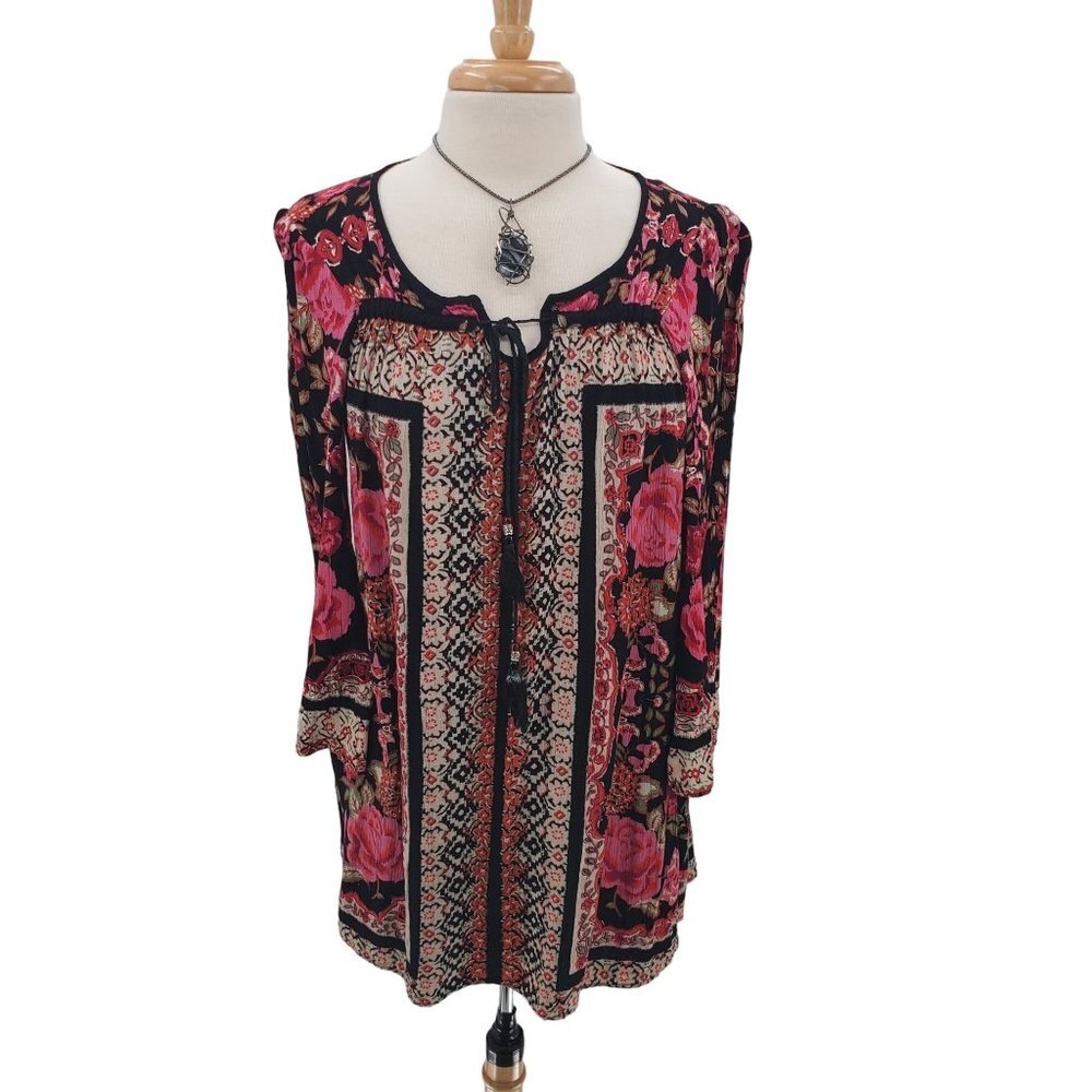 Angie Womens Boho 3/4 Sleeve Floral Scoop Neck Tunic Top Blouse Sz S Pink Black